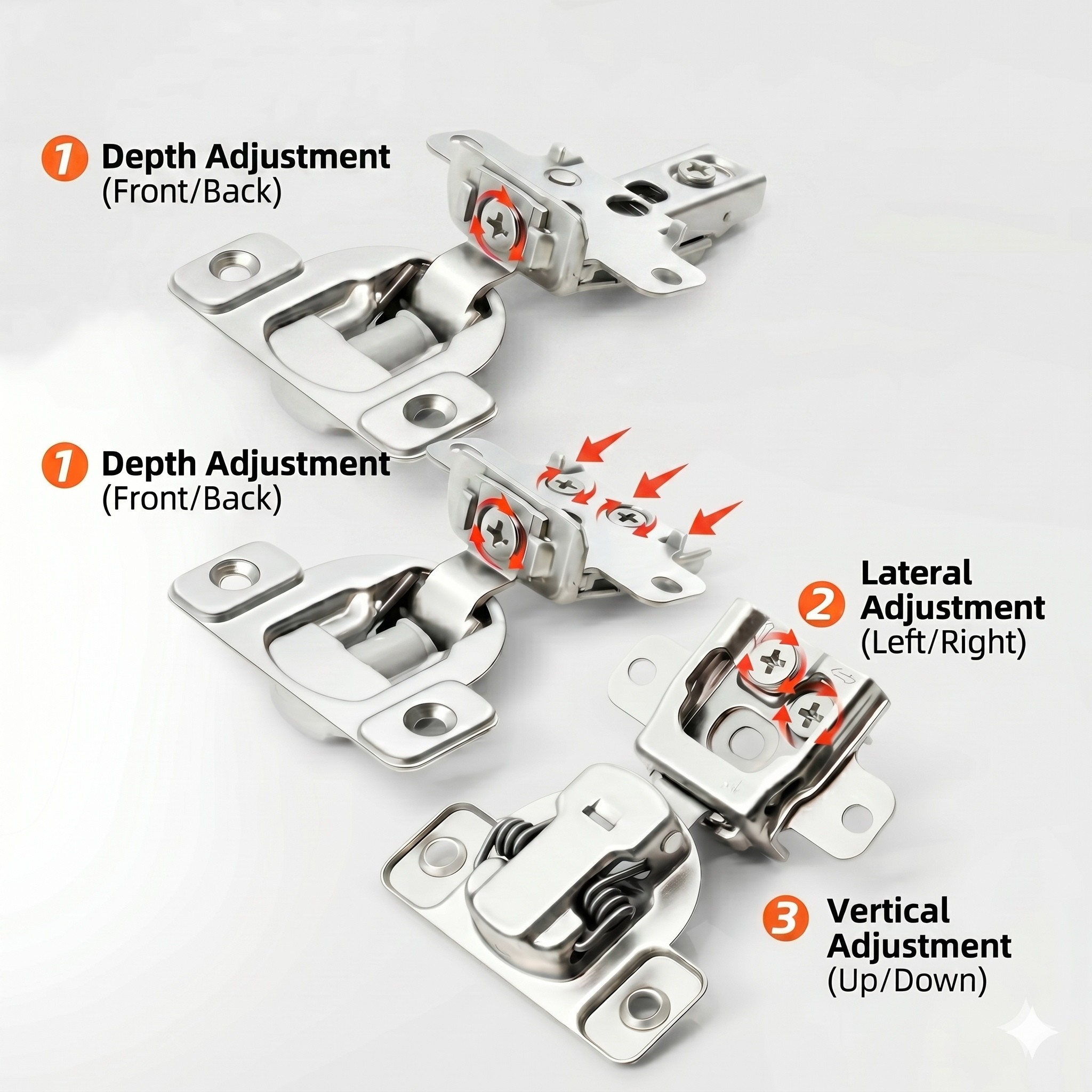 3-way adjustable mechanism of American type furniture hinge for precise door alignment