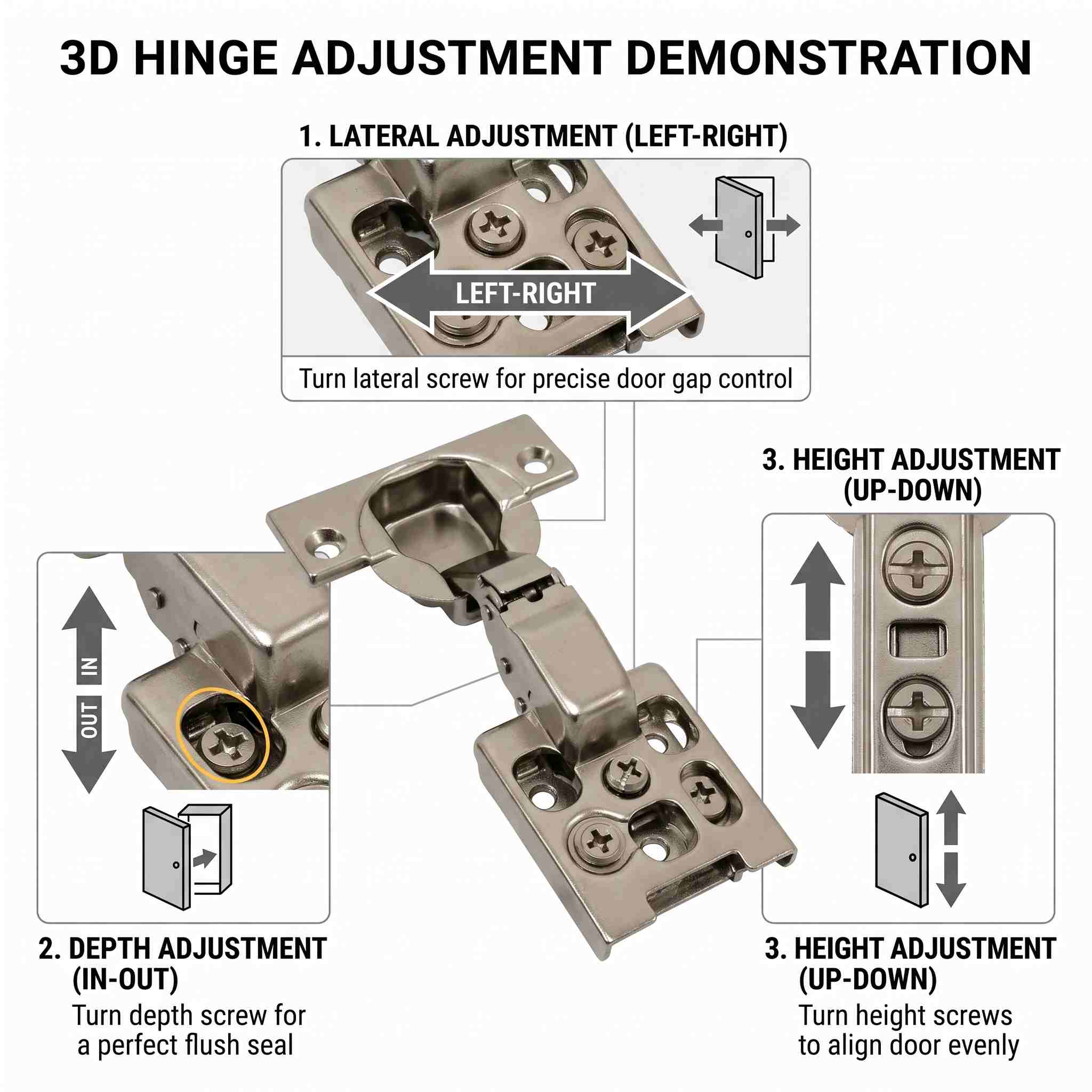 High-grade electroplated nickel-chrome finish cabinet hinge providing superior corrosion resistance and mirror gloss for humid kitchen and bathroom cabinetry