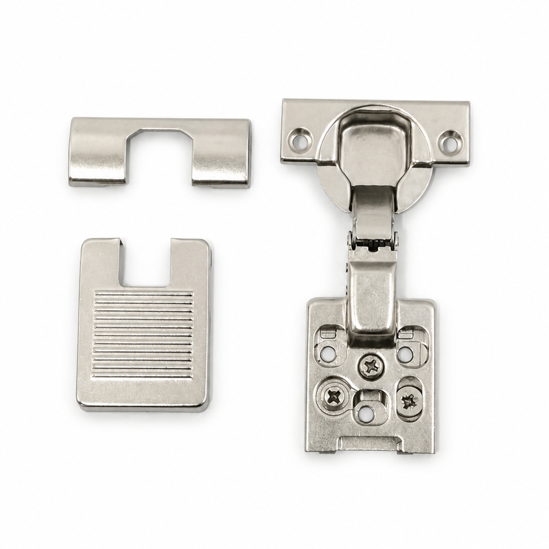 Heavy-duty furniture door hinge showing snap-on quick-release plate and six-way adjustment screws, engineered for fast tool-free cabinet assembly.