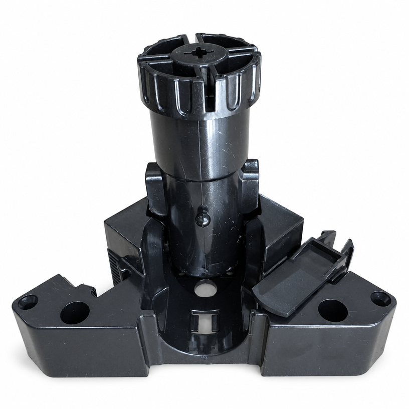 Close-up of the wide cabinet leg mounting base featuring pre-drilled screw holes, central fastener detail, and molded support ribs for reinforced stability.