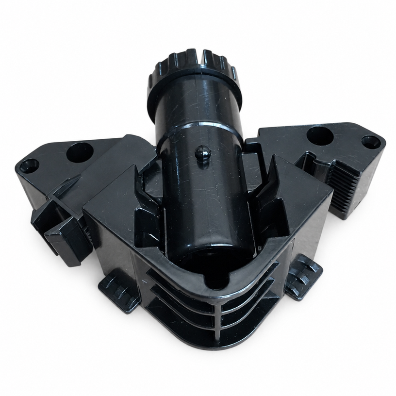 Detailed breakdown of the adjustable cabinet leveling foot, highlighting the top adjustment interface, extendable center body, and two-wing plinth clip frame.
