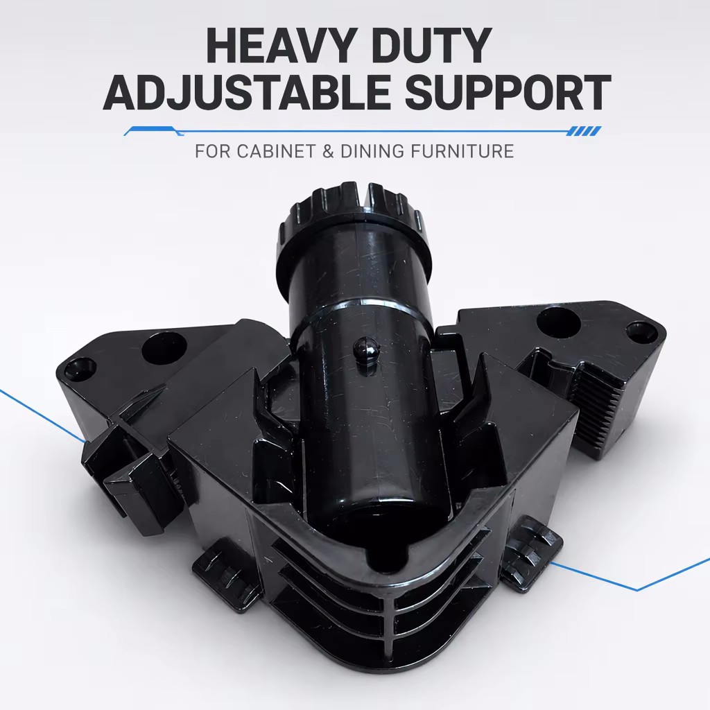 Black gloss clip-style plinth leg designed with an integrated two-wing clip holder for quick kickboard and plinth attachment on kitchen base units.