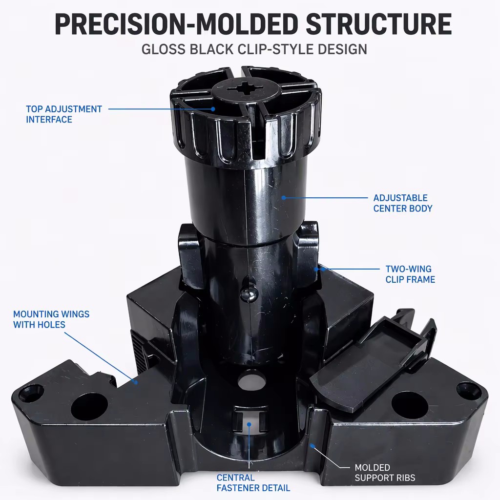 Precision-molded 95mm-200mm adjustable furniture leveling leg with plinth clips, ideal for leveling kitchen cabinets and bathroom base units.