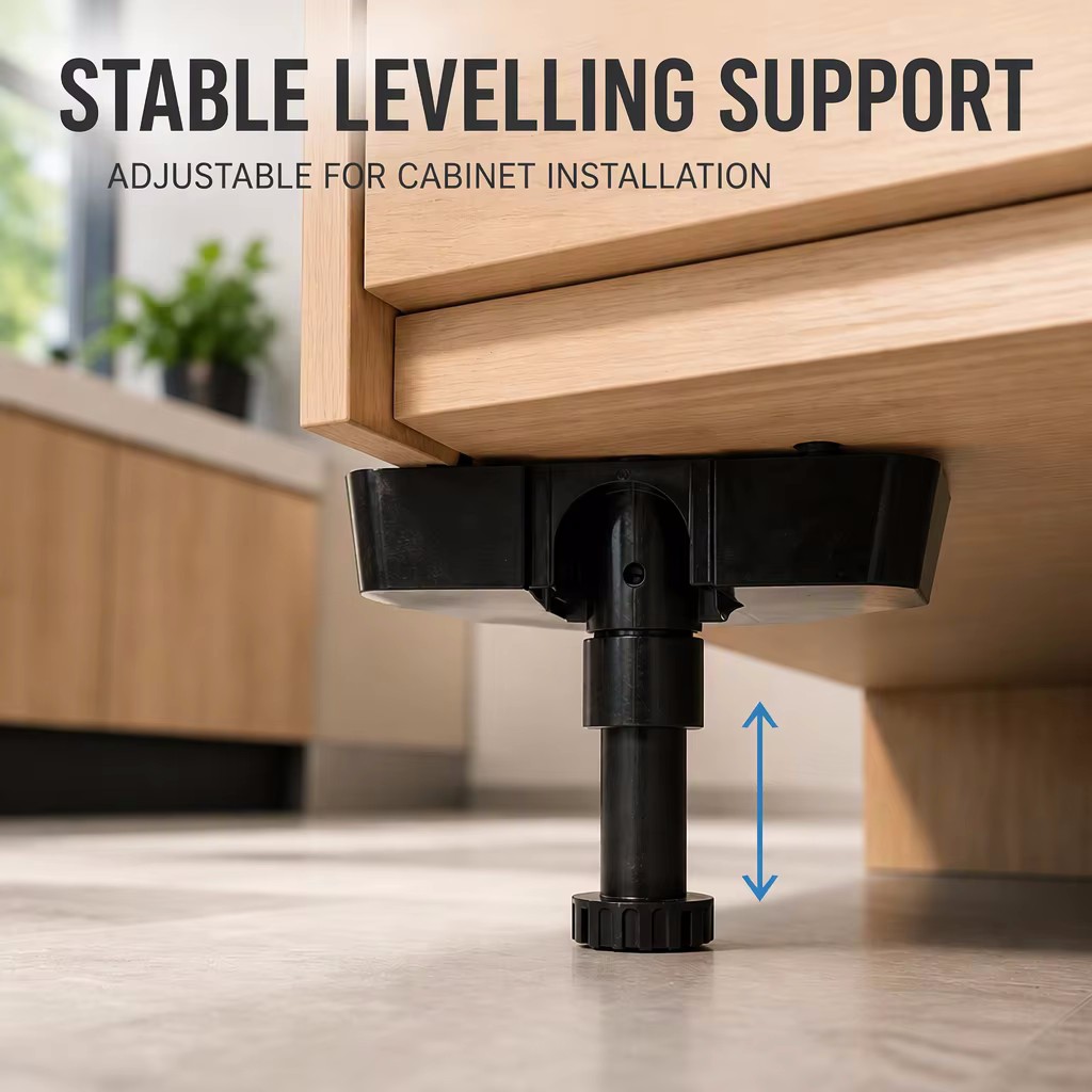 Gloss black plastic kitchen cabinet leg assembly featuring detachable plinth clip accessories and a three-point wing mounting bracket for secure kickboard installation.