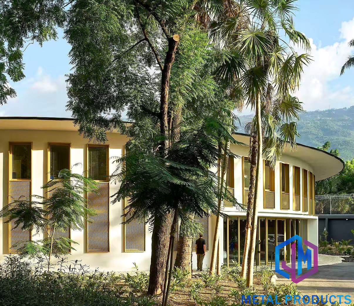 Exterior metal mesh cladding used as a building facade screen