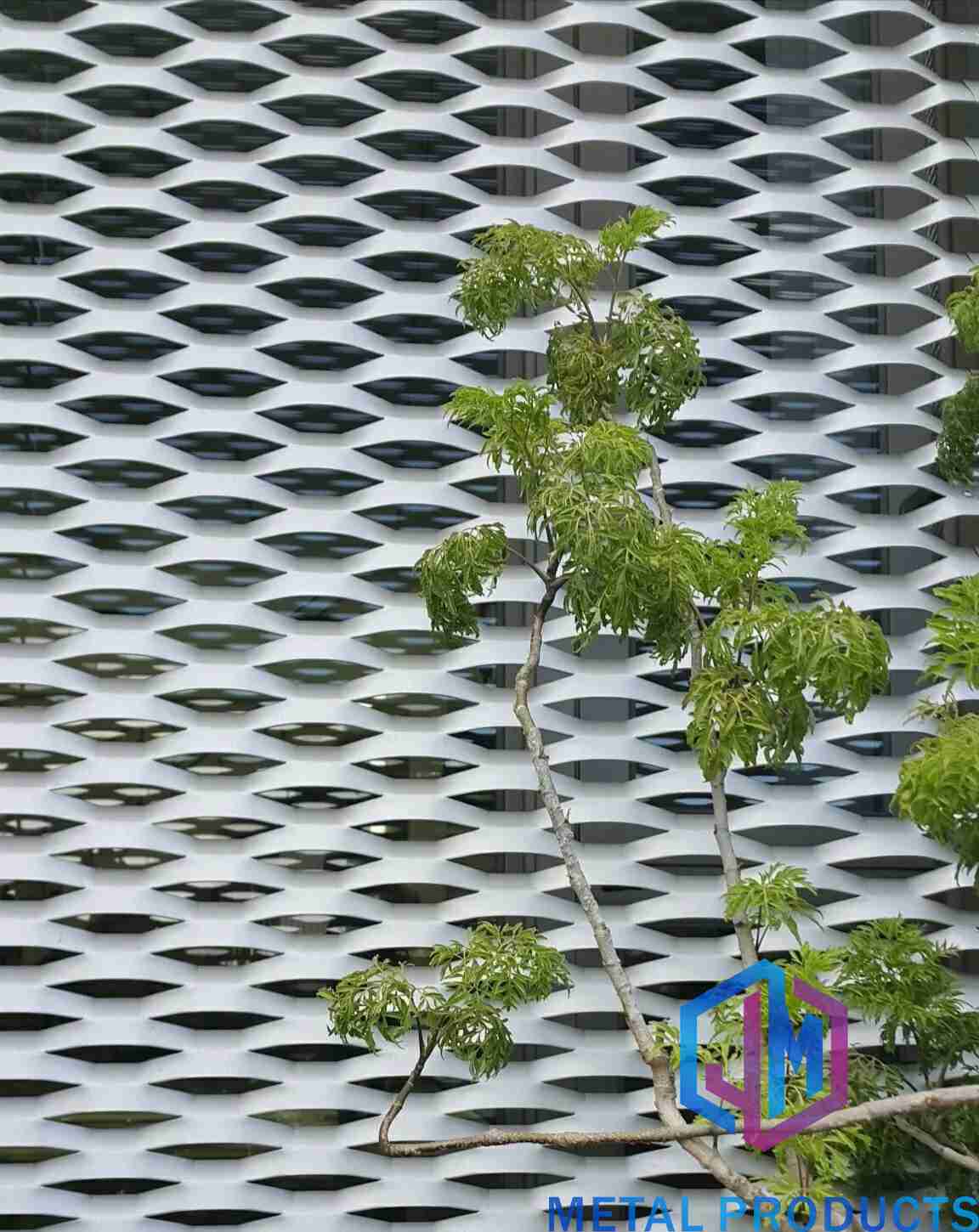 Office building metal mesh facade application