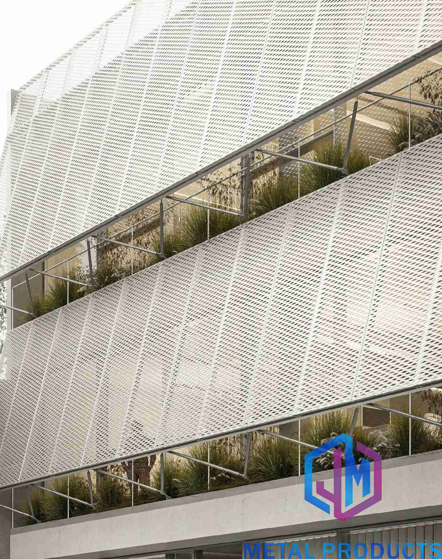 Architectural metal mesh office building facade installation with diamond mesh sun shading screen