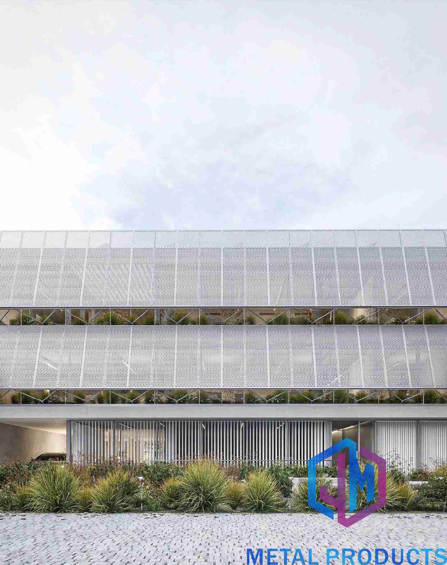 Architectural metal mesh on an office facade Office building facade with architectural metal mesh cladding