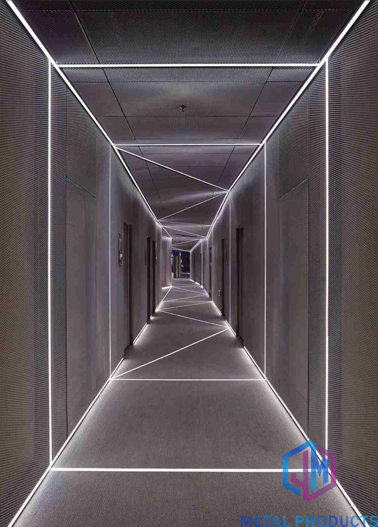 Aluminium expanded metal mesh panels used as wall cladding and ceiling panels