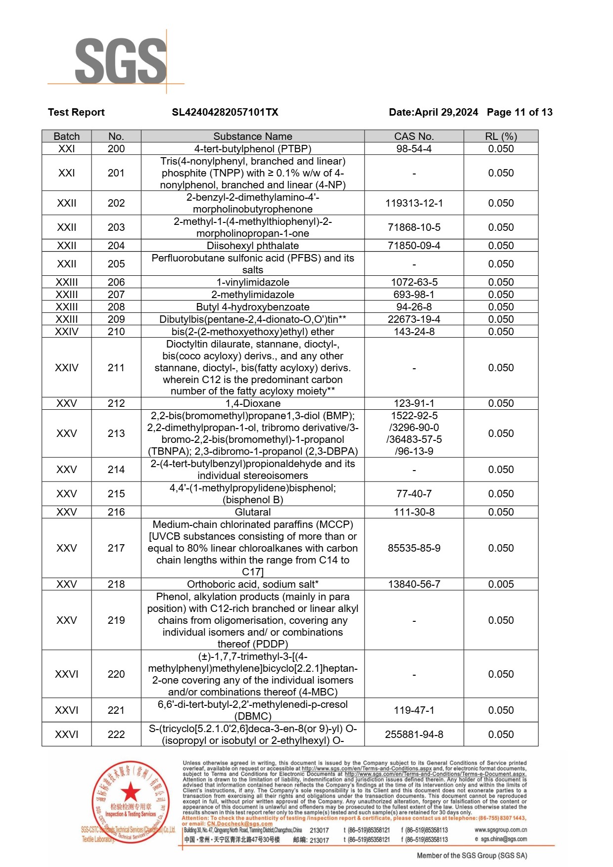 SGS REACH SVHC 240 test report page for artificial turf