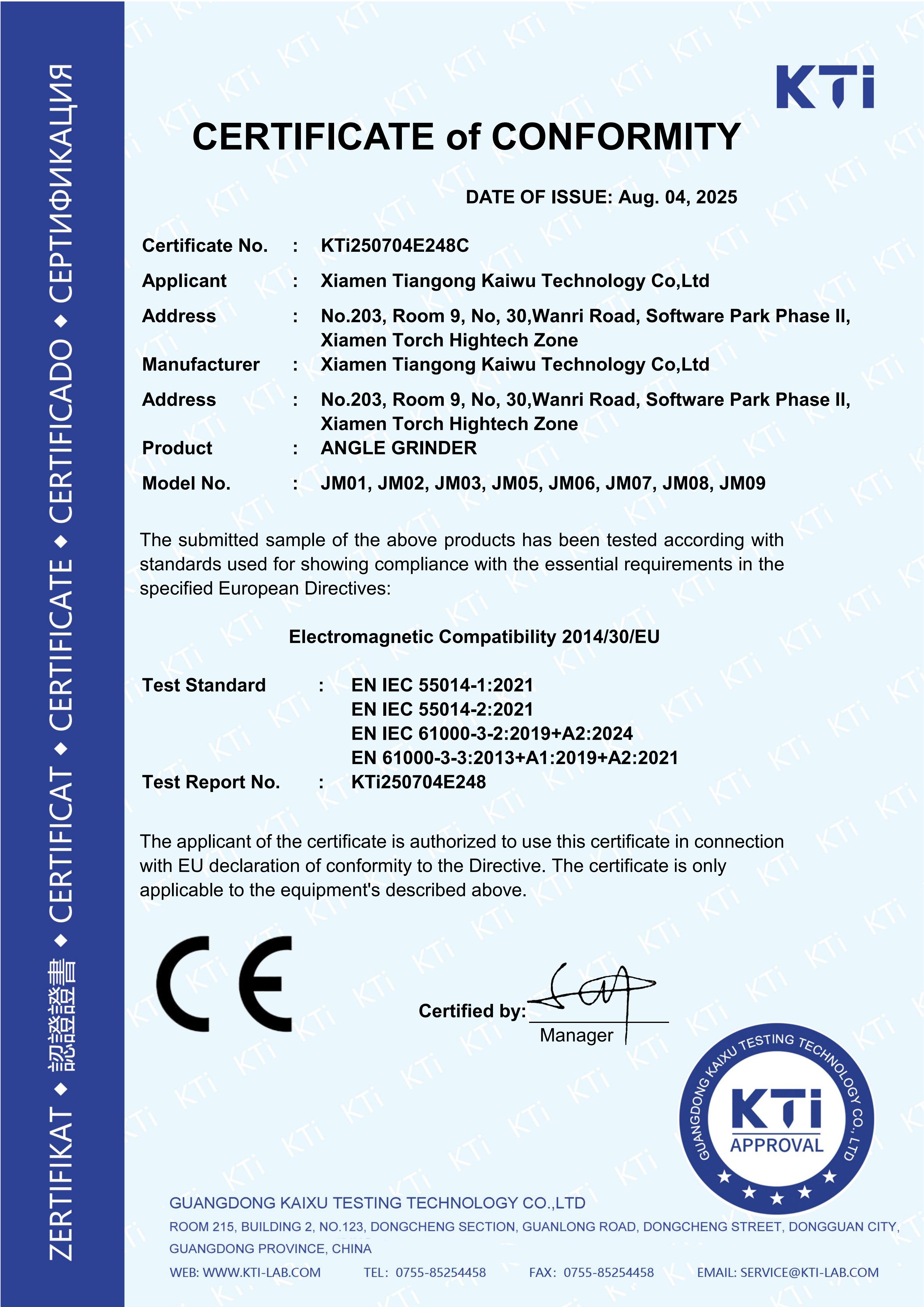 Geakita CE Certificate for Angle Grinder