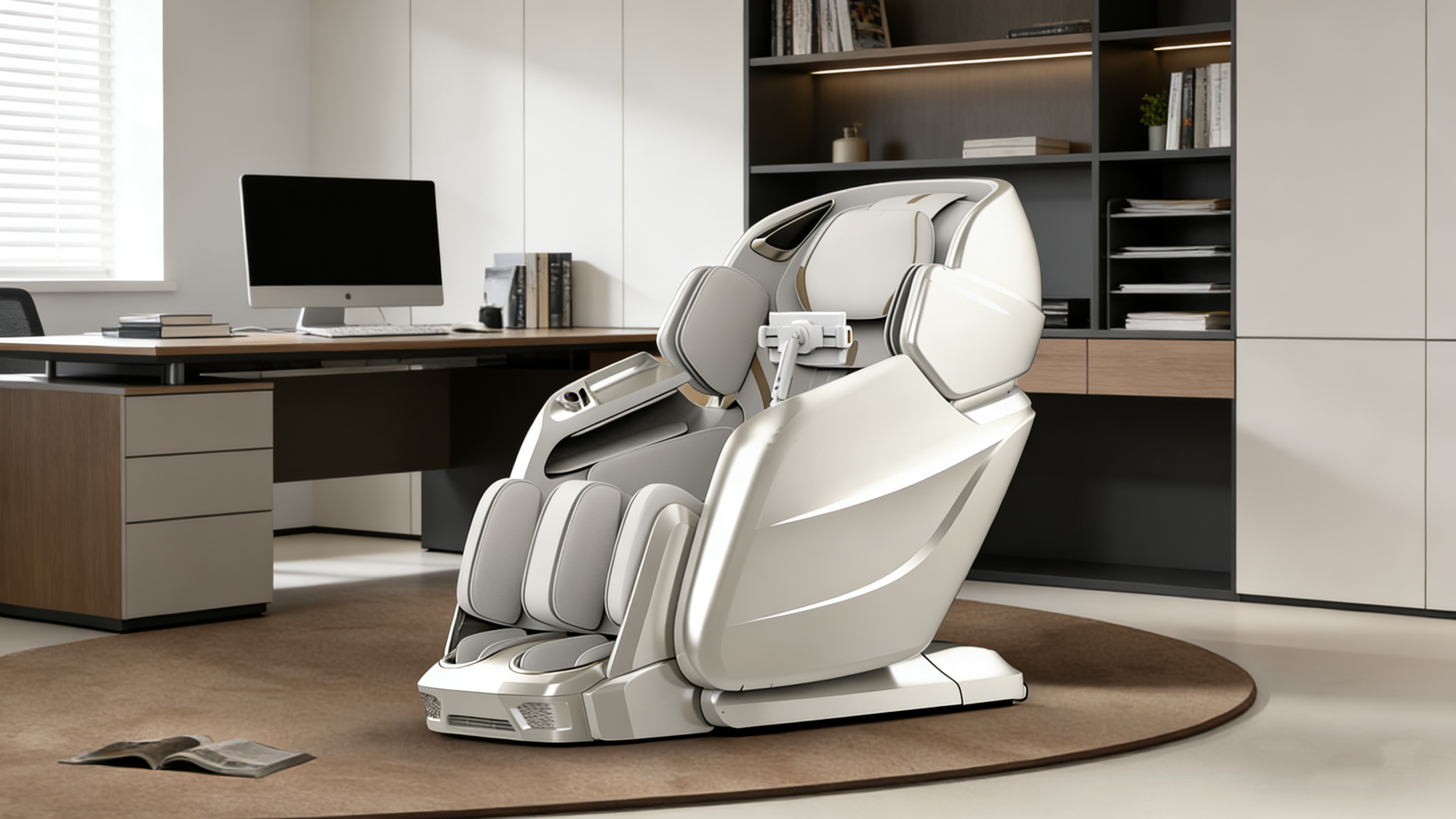 3D massage chair installed in an office lounge as a staff wellness service