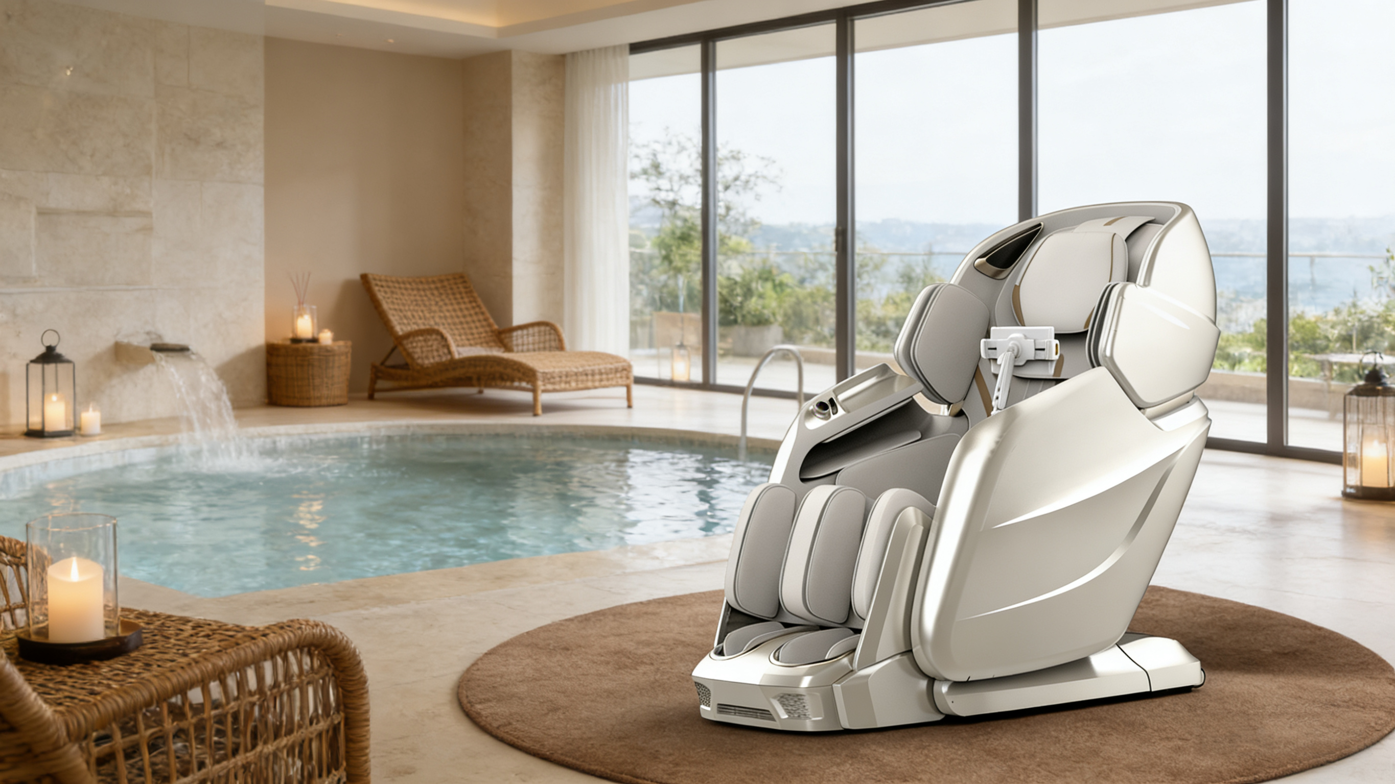Massage chair in a hotel lounge used by guests arriving after long flights