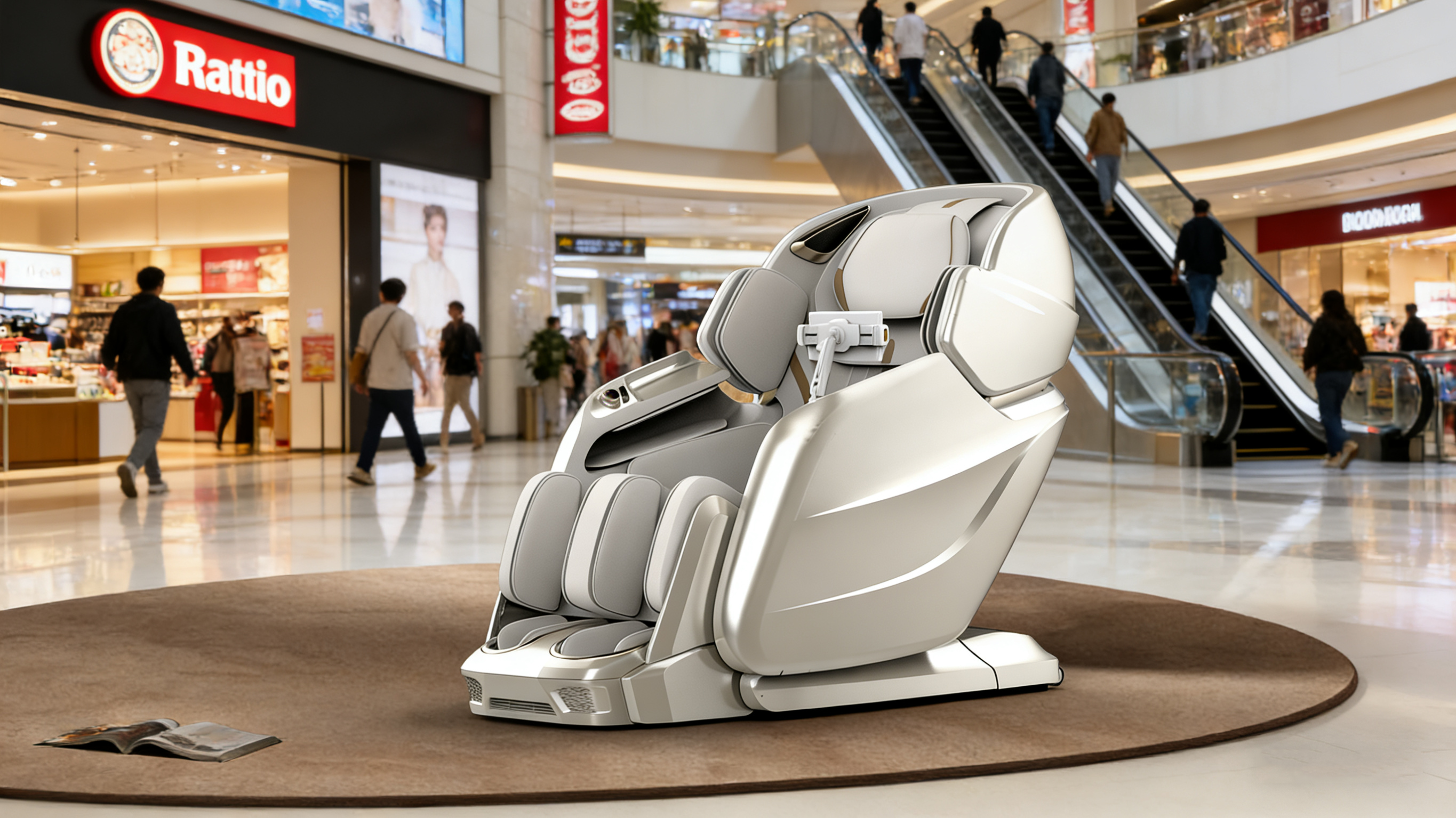 Shared pay per use massage chair placement in a shopping mall walkway