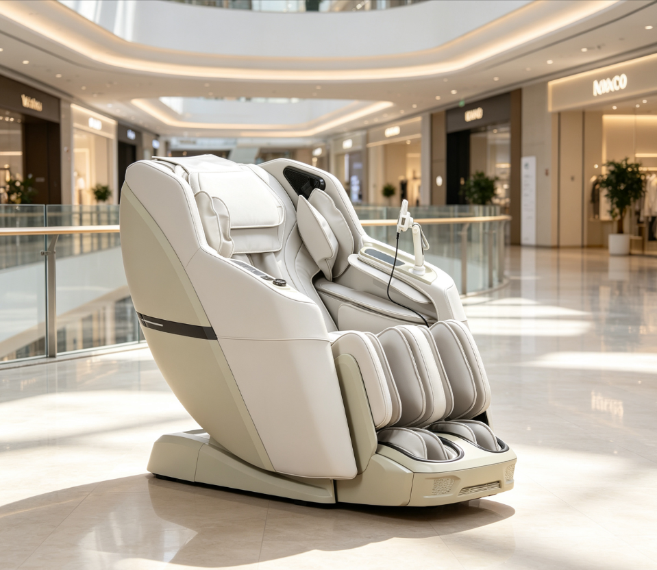 3D massage chair placed in a shopping mall public area