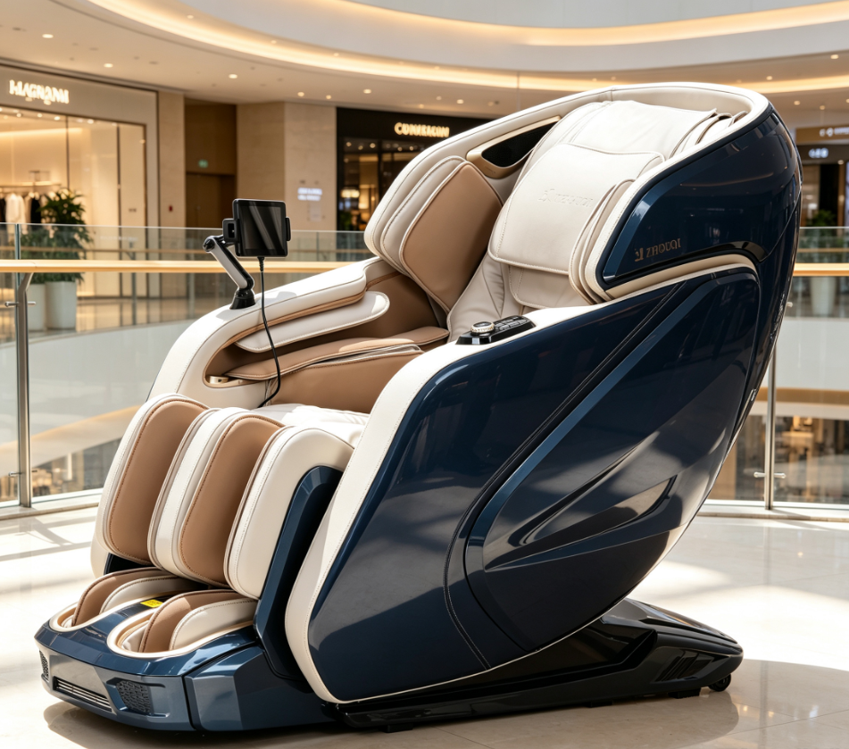 4D massage chair with AI health detection installed in a shopping mall public area