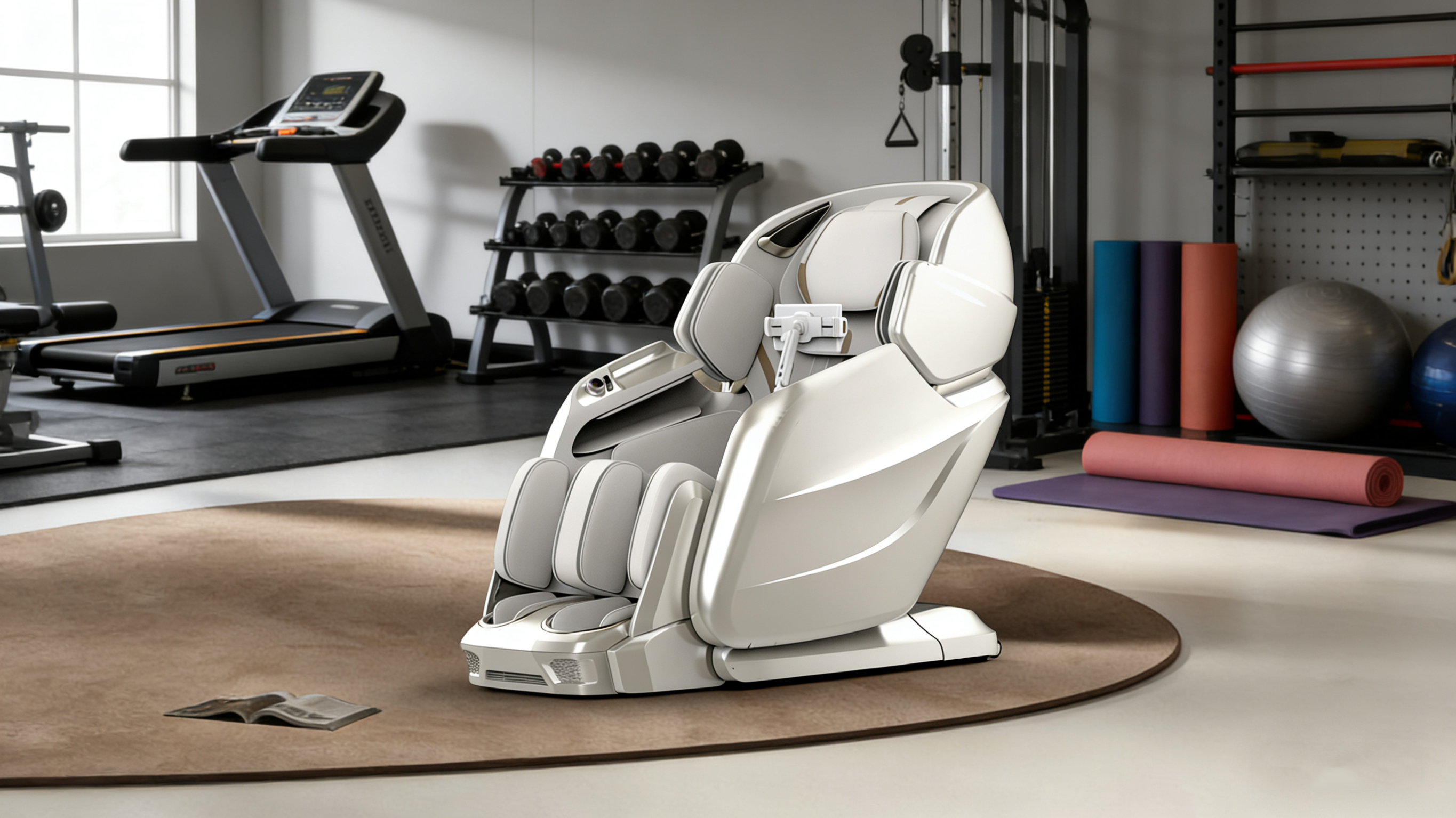 4D massage chair in a hotel fitness room recovery corner