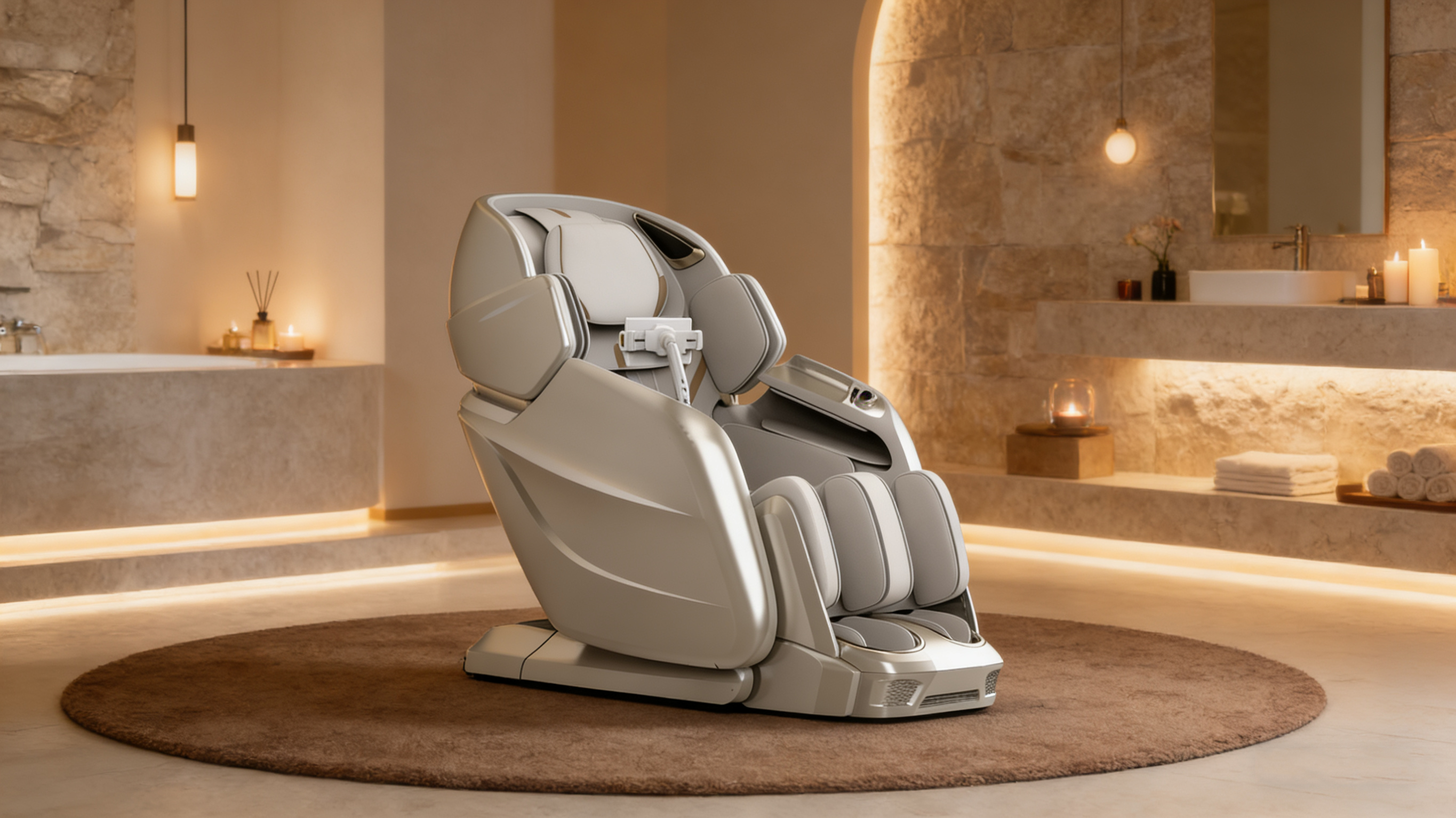3D massage chair used in a spa house reception area for attended sessions
