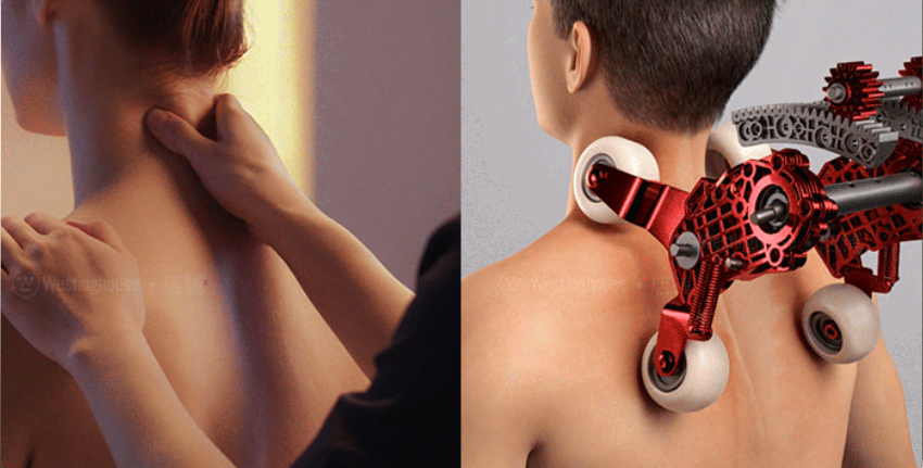 4D kneading massage applied to the neck and shoulder area for desk-work stiffness relief