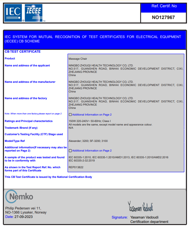 CB certificate for 3D massage chair issued by Nemko