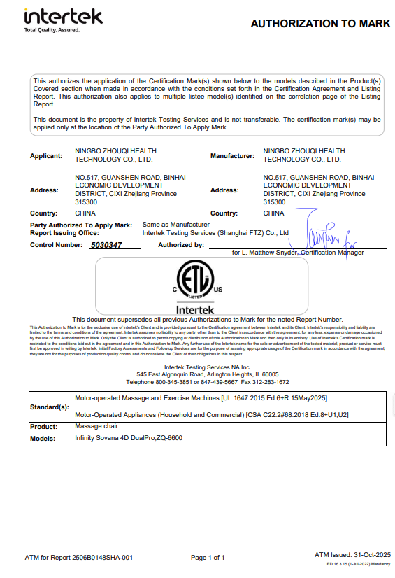 ETL certification document for 4D Massage Chair issued by INTERTEK