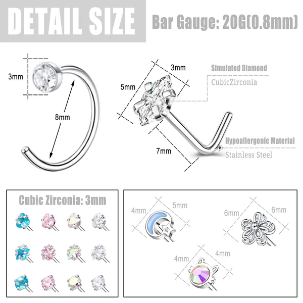 16Pcs Nose Ring Set, 20g L Shaped Nose Stud, Moon Flower Nostril Ring, Hoop Nose Piercing, ZMJN465