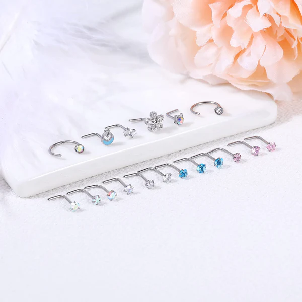 16Pcs Nose Ring Set, 20g L Shaped Nose Stud, Moon Flower Nostril Ring, Hoop Nose Piercing, ZMJN465