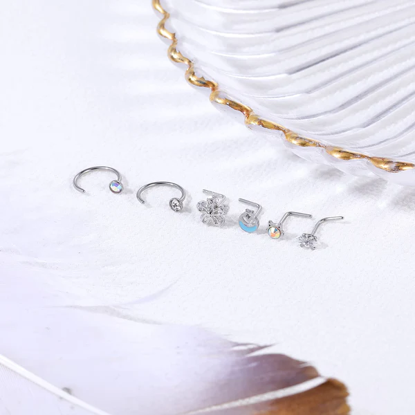 16Pcs Nose Ring Set, 20g L Shaped Nose Stud, Moon Flower Nostril Ring, Hoop Nose Piercing, ZMJN465