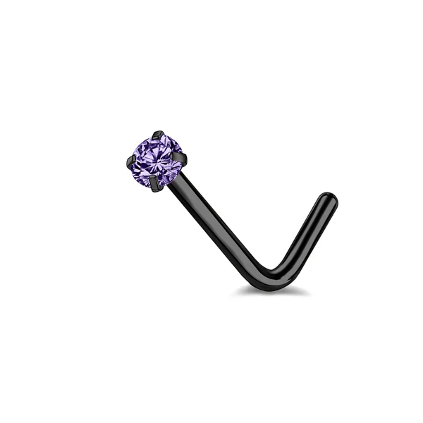 20G Nose Ring, Violet Crystal Nose Stud, L Shape Nose Piercing, Black Corkscrew Ring, ZMJN058