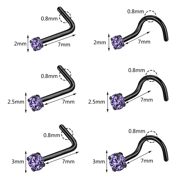 20G Nose Ring, Violet Crystal Nose Stud, L Shape Nose Piercing, Black Corkscrew Ring, ZMJN058