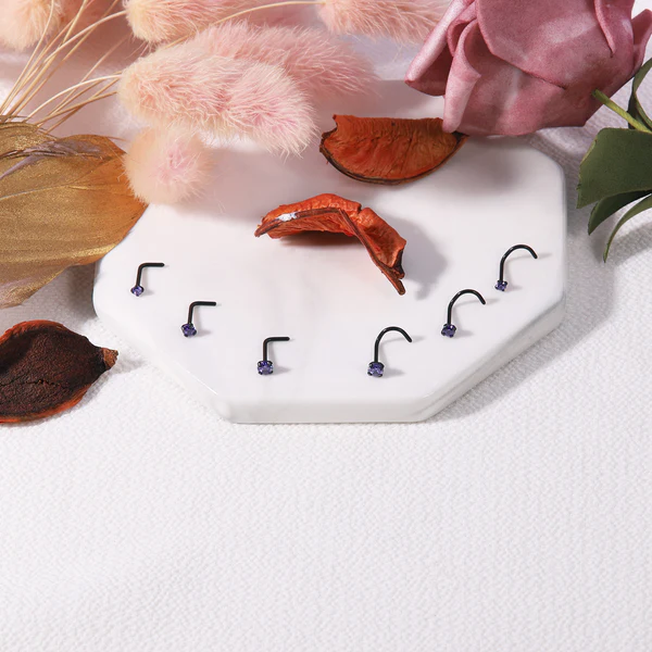 20G Nose Ring, Violet Crystal Nose Stud, L Shape Nose Piercing, Black Corkscrew Ring, ZMJN058