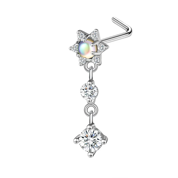 20G Nose Stud, Zircon Dangle Nose Ring, L Shape Nostril Piercing, Cubic Zirconia Jewelry, ZMJN096
