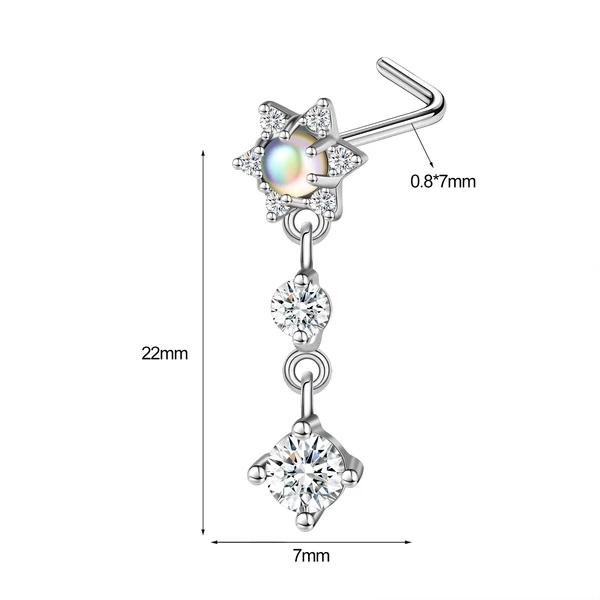 20G Nose Stud, Zircon Dangle Nose Ring, L Shape Nostril Piercing, Cubic Zirconia Jewelry, ZMJN096