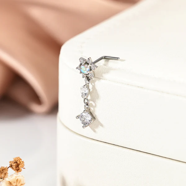20G Nose Stud, Zircon Dangle Nose Ring, L Shape Nostril Piercing, Cubic Zirconia Jewelry, ZMJN096
