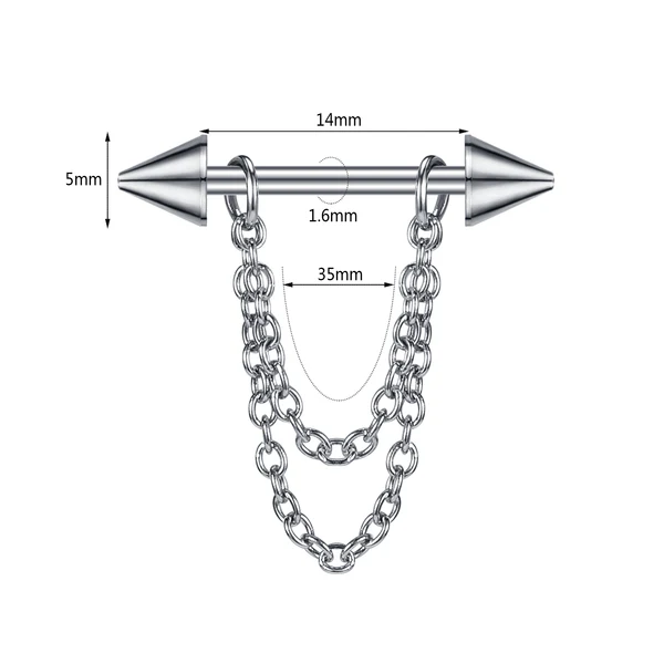 14G Nipple Ring, Dangle Chain Barbell, Spike Nipple Jewelry, Nipple Piercing Jewelry, ZMJK102