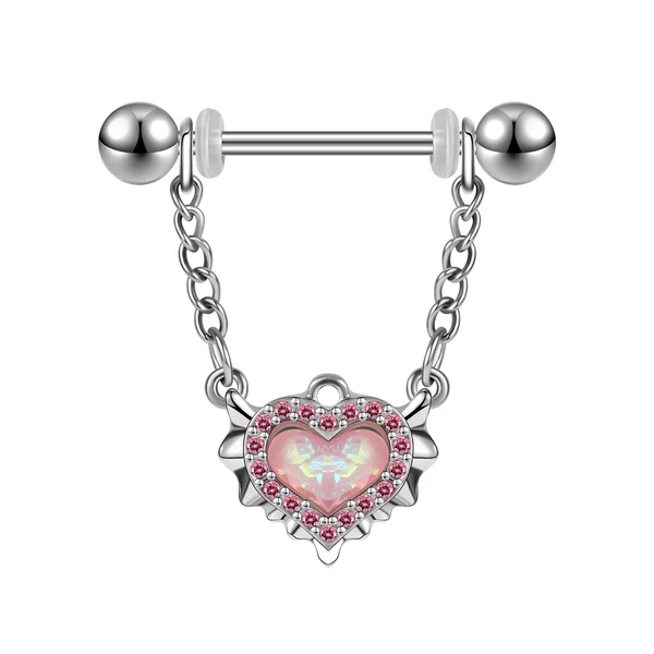 14G Nipple Ring, Heart Dangle Barbell, Pink Opal Nipple Jewelry, Nipple Piercing Jewelry, ZMJK077