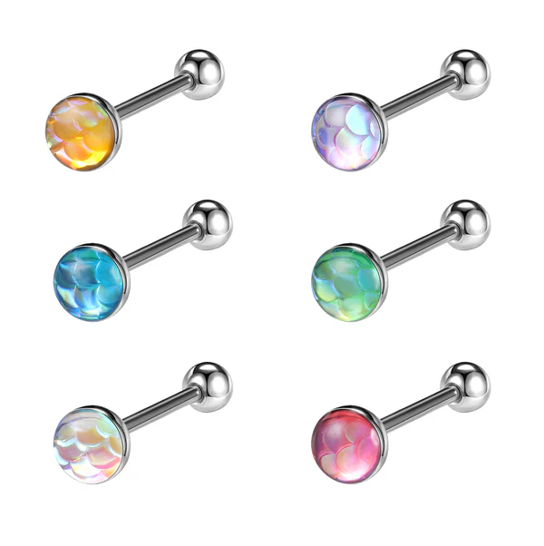 14G Tongue Ring, Fish Scales Barbell, Rainbow Tongue Piercing, Tongue Jewelry, ZMJT055