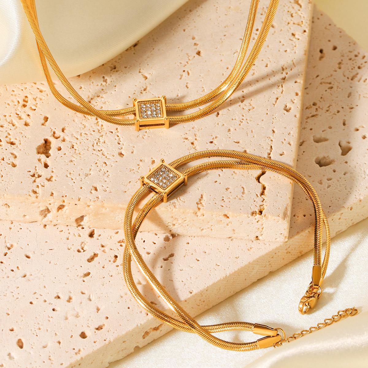 18K Gold Plated Jewelry, Snake Chain Necklace, Double Layer Bracelet, Stainless Steel Set, ZMJB011