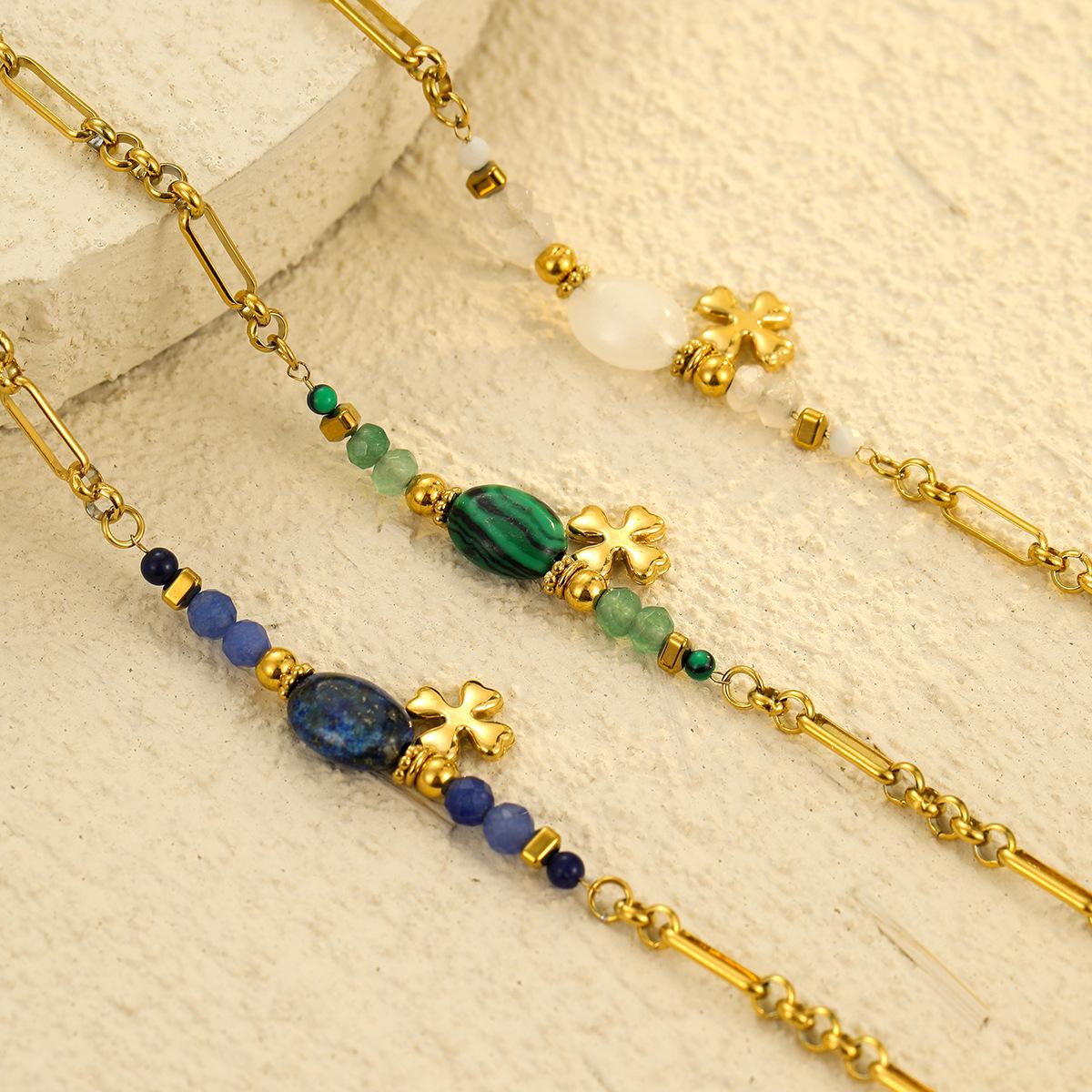 18K Gold Plated Bracelet, Lapis Lazuli Bracelet, Clover Charm Bracelet, Stainless Steel Jewelry, ZMJB053