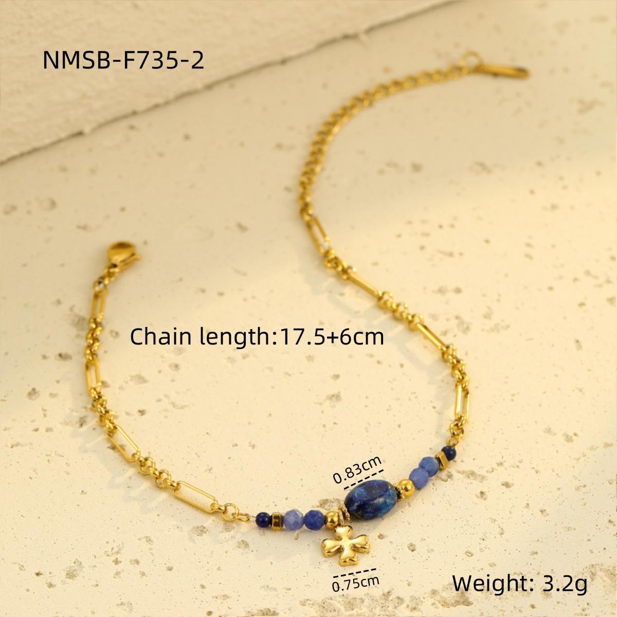 18K Gold Plated Bracelet, Lapis Lazuli Bracelet, Clover Charm Bracelet, Stainless Steel Jewelry, ZMJB053