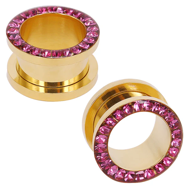 18K Gold Plated Ear Gauges, Pink CZ Crystal Jewelry, Stainless Steel Ear Stretchers, Luxury Ear Plugs, ZMJ1E01