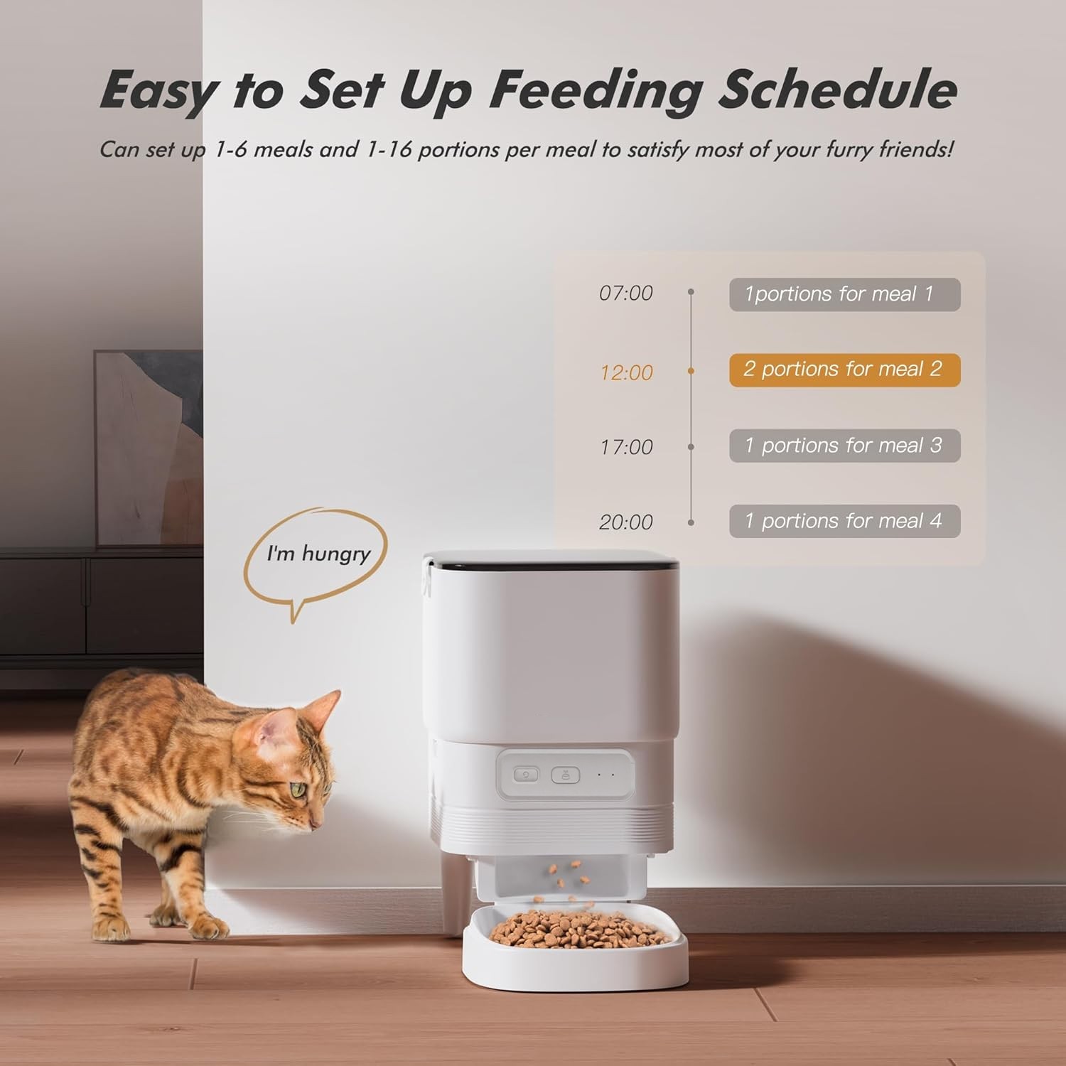 Healthy cat being fed controlled portions from a smart feeder