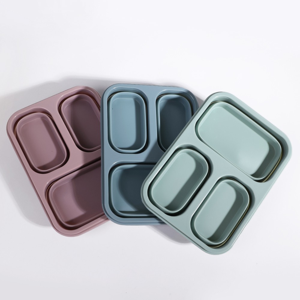 3 Compartment silicone collapsible bento lunch box with spoon lid