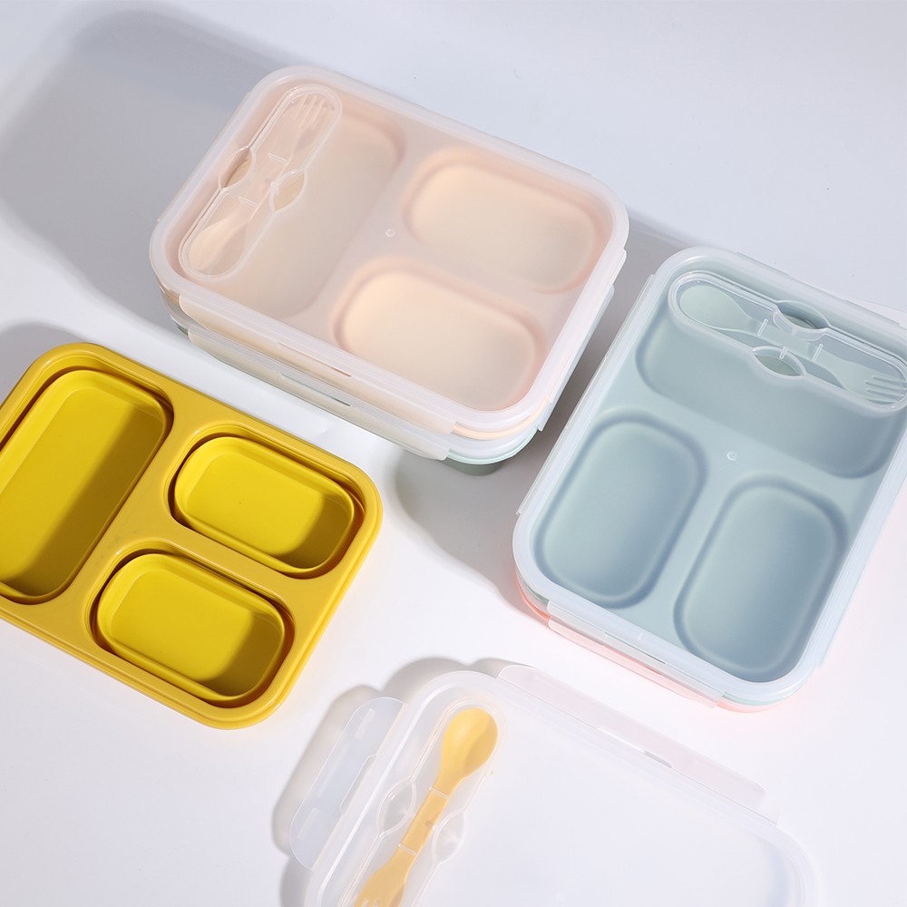 3 Compartment silicone collapsible bento lunch box with spoon lid