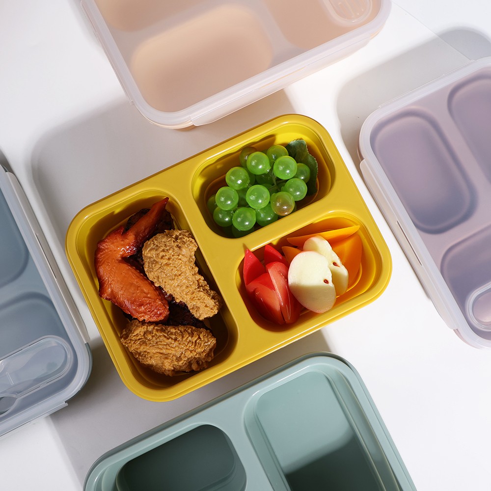 3 Compartment silicone collapsible bento lunch box with spoon lid