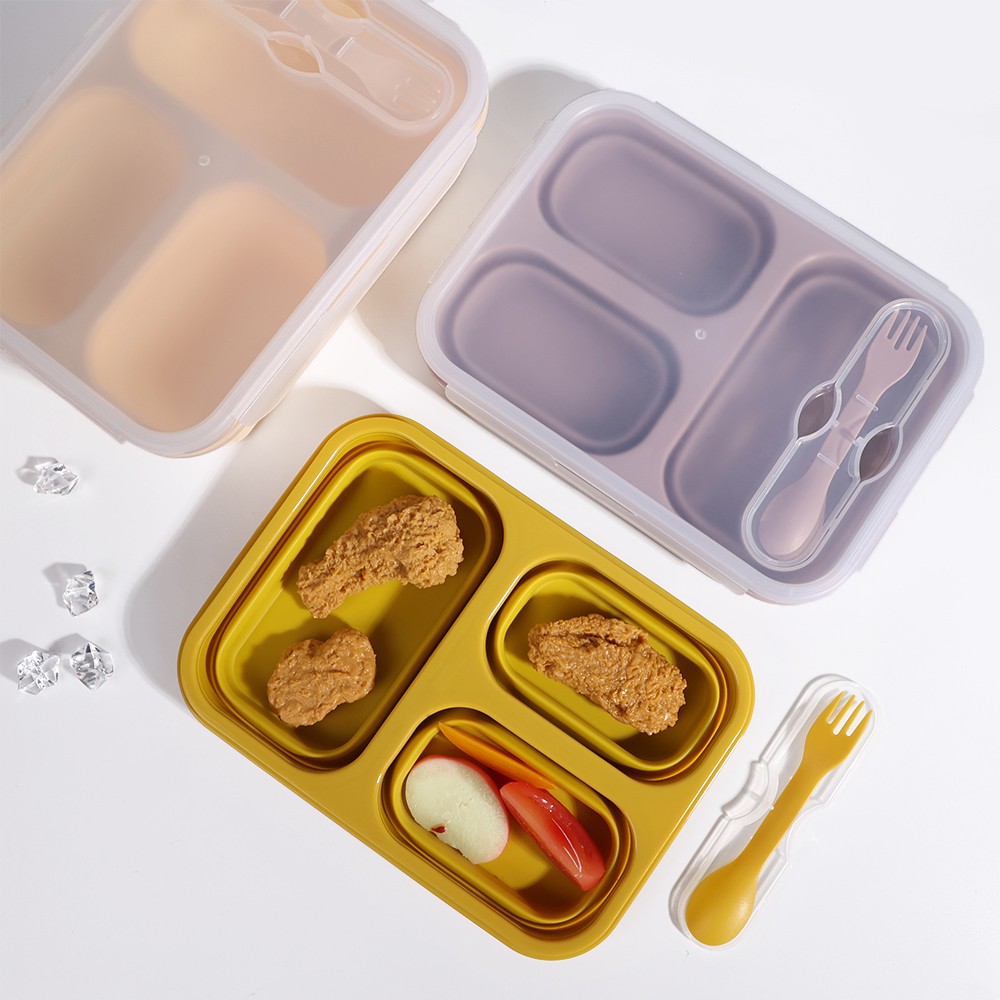 3 Compartment silicone collapsible bento lunch box with spoon lid