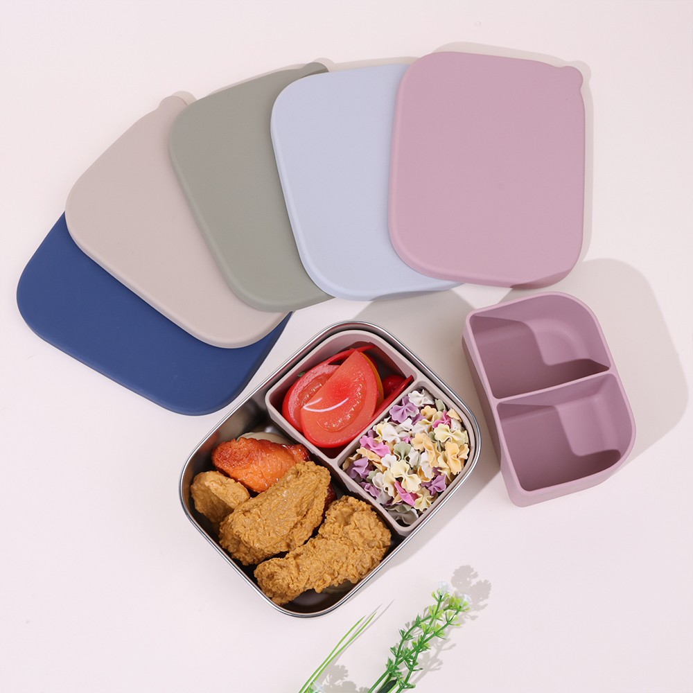 Stainless steel bento box with silicone lid