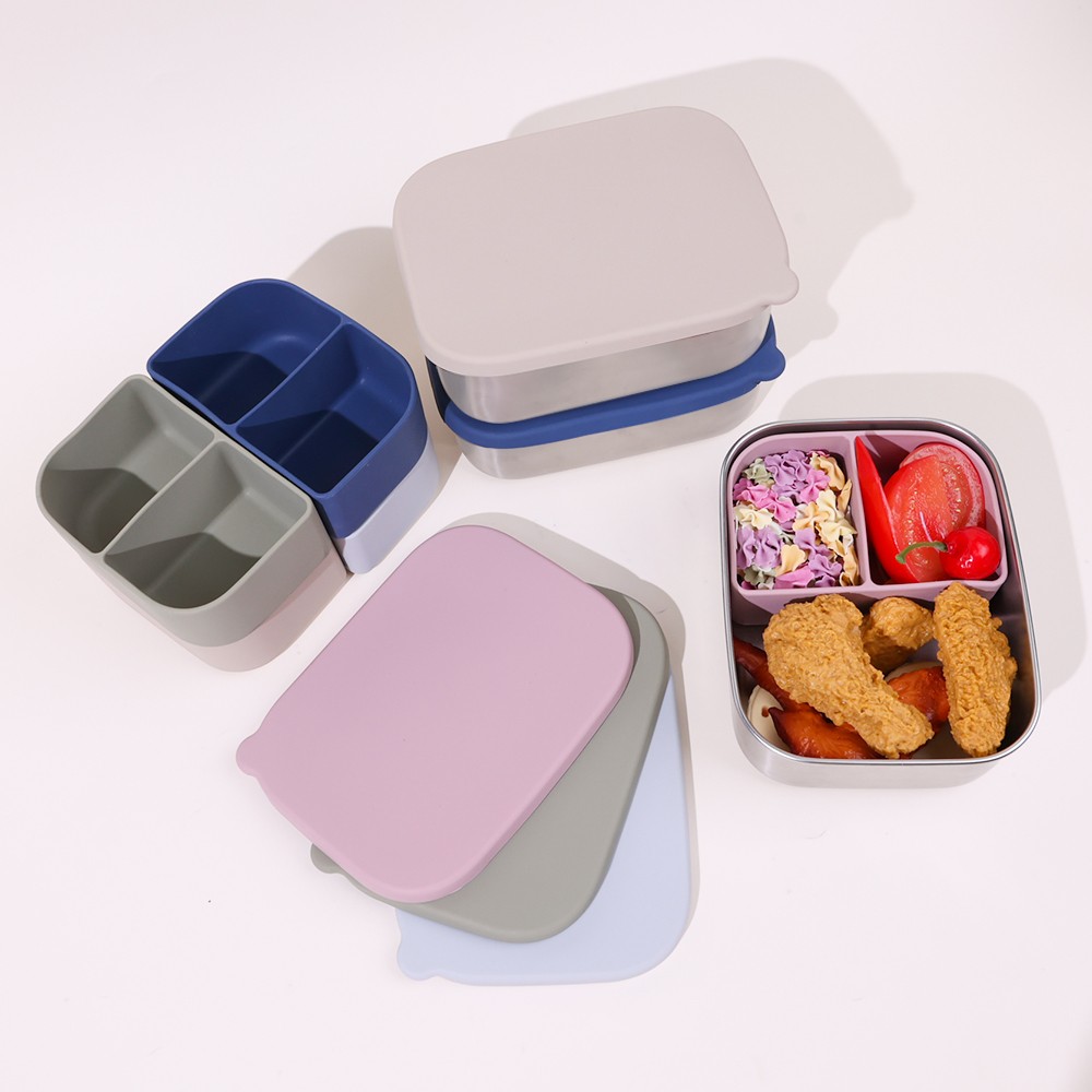 Stainless steel bento box with silicone lid
