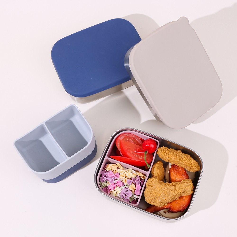 Stainless steel bento box with silicone lid