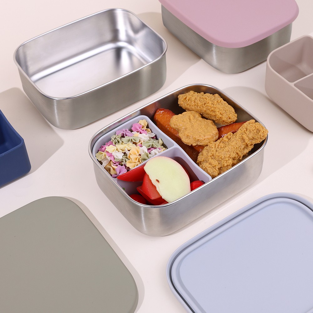 Stainless steel bento box with silicone lid